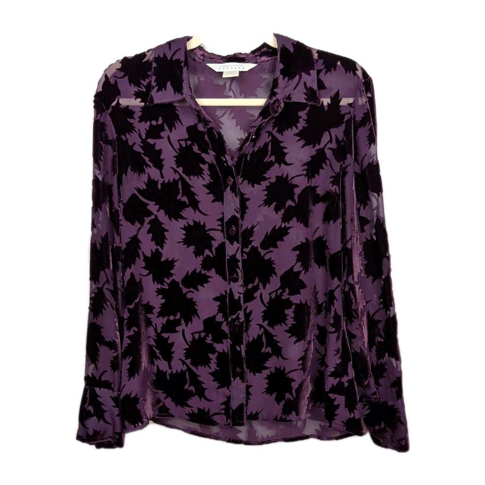 Vintage 90s Express Burgundy Velvet Burnout Button Up Shirt Women's Small